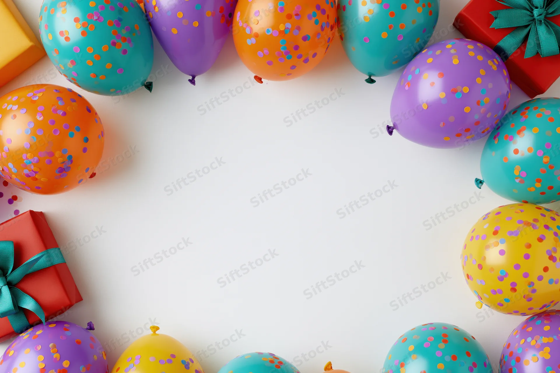 Colorful balloons and gift boxes arranged in a border around white copyspace for birthday celebration