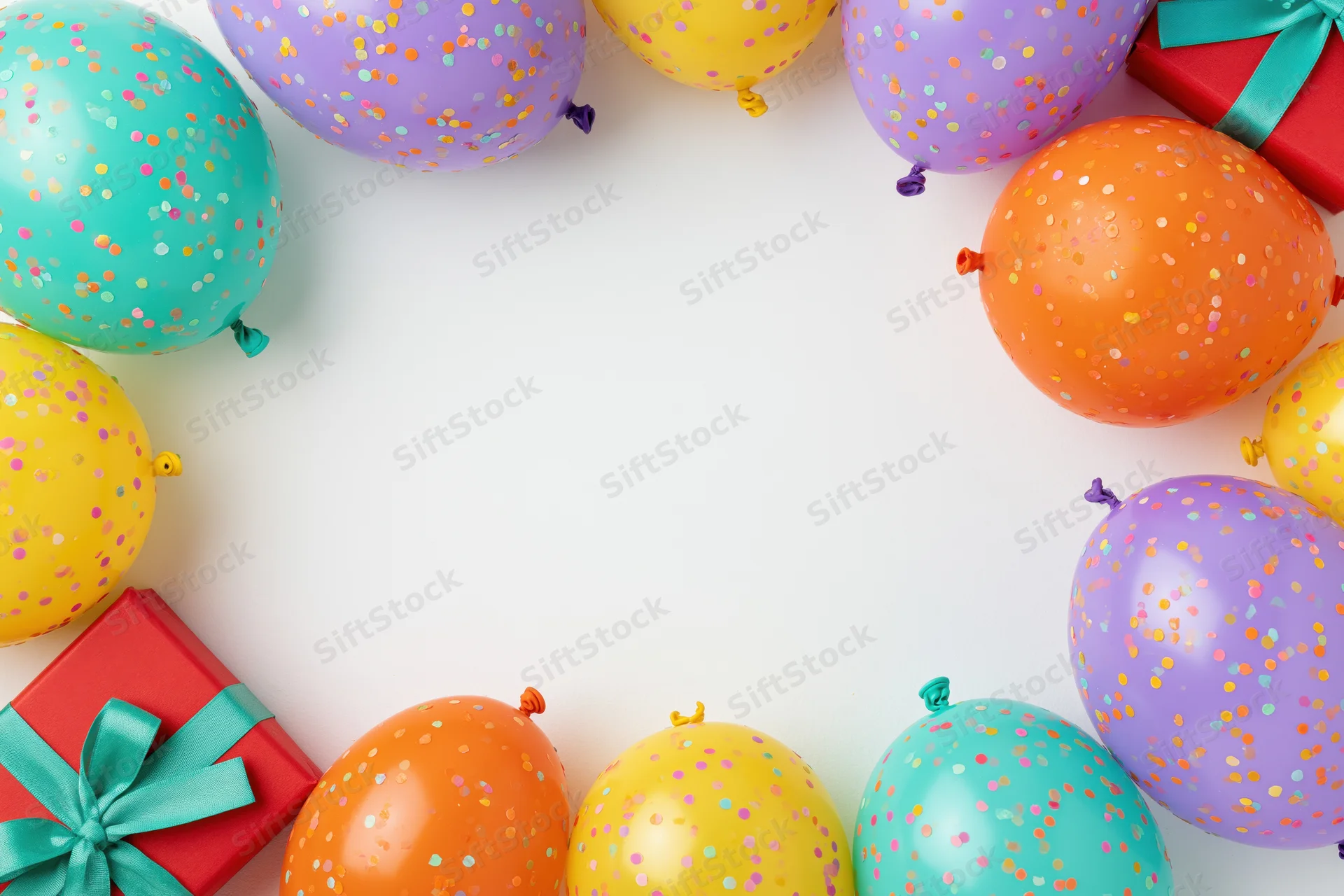 Colorful confetti balloons and wrapped gift boxes arranged in a border around white copyspace