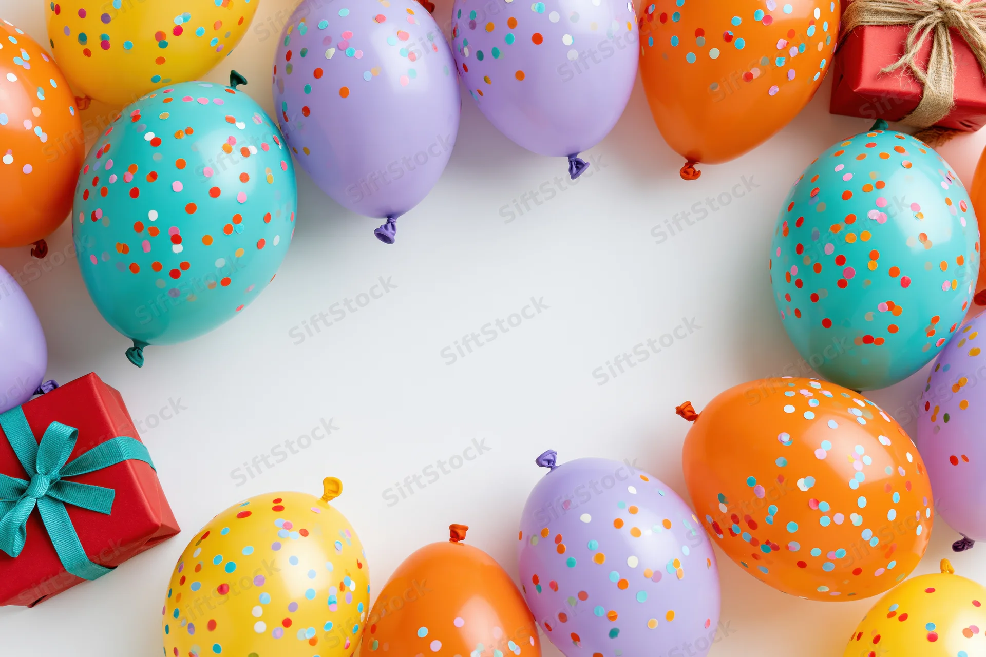 Colorful balloons with confetti pattern and wrapped gifts arranged in frame on white surface with copyspace