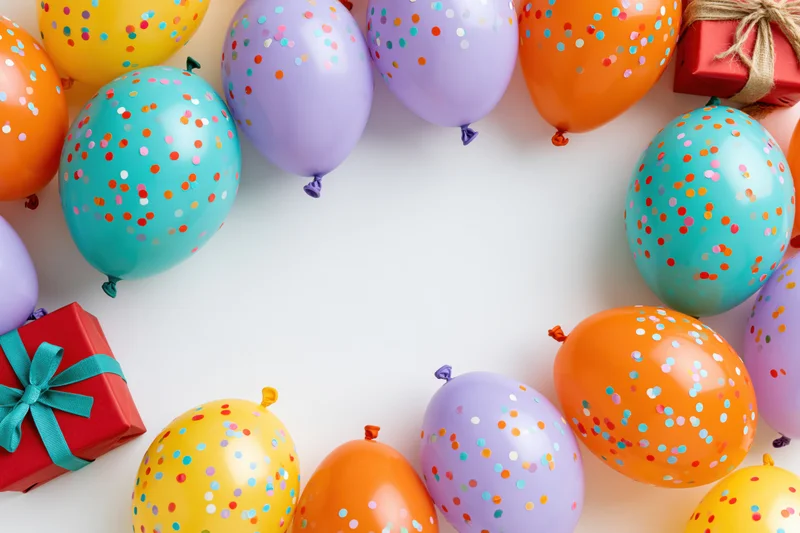 Colorful birthday party balloons and wrapped gift boxes arranged
