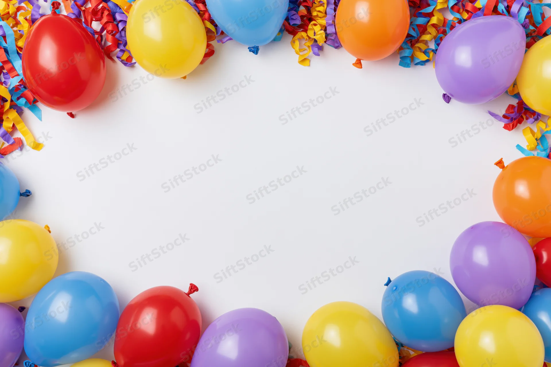 Colorful latex balloons and curled paper streamers arranged in a frame around white copyspace