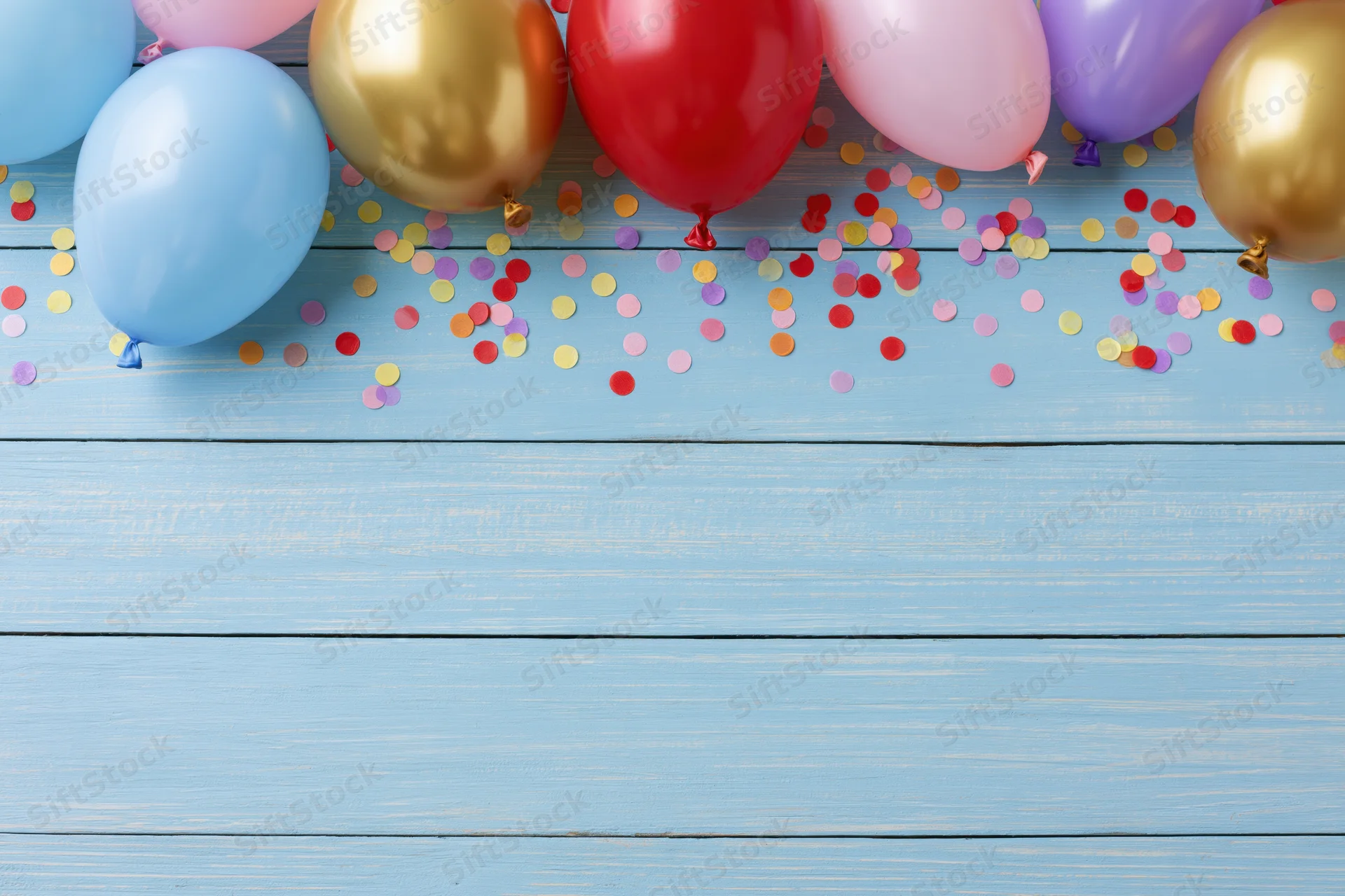 Colorful party balloons and scattered confetti on a blue wooden surface