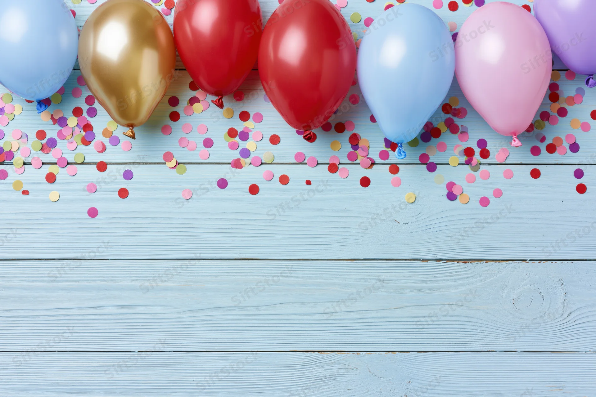 Colorful party balloons and scattered confetti on a light blue wooden surface