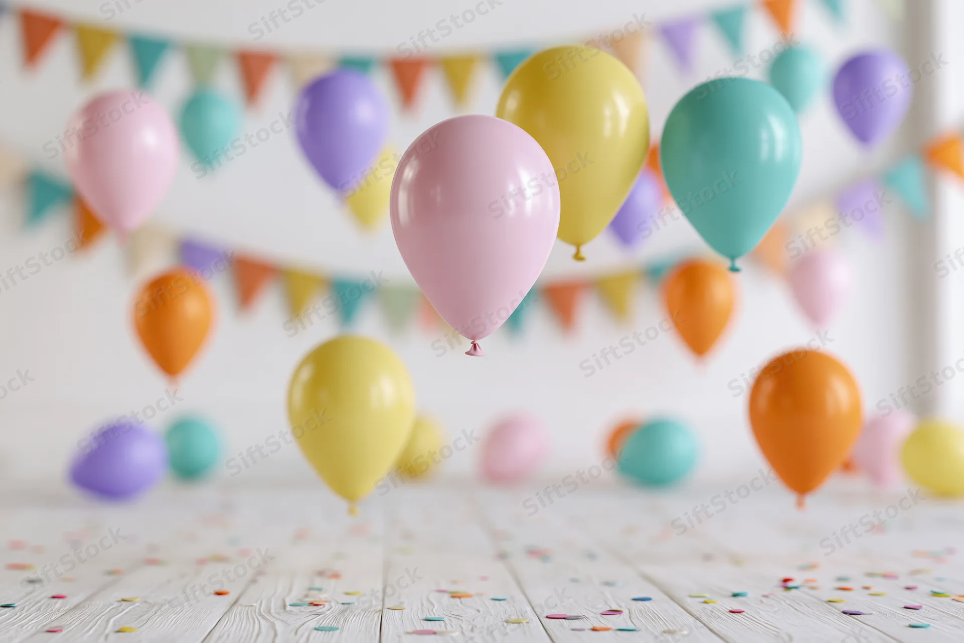 Colorful balloons floating at various heights above a wooden floor scattered with confetti and party banners in the background