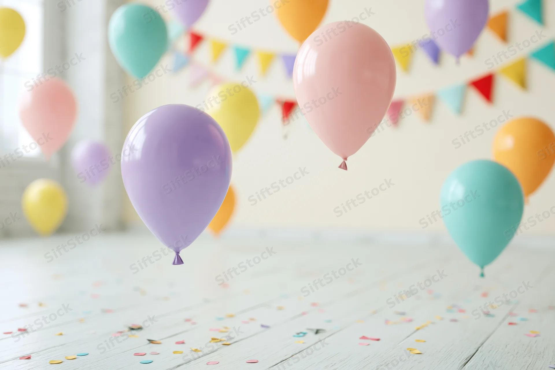 Colorful balloons floating above a wooden floor scattered with confetti and party banners in the background
