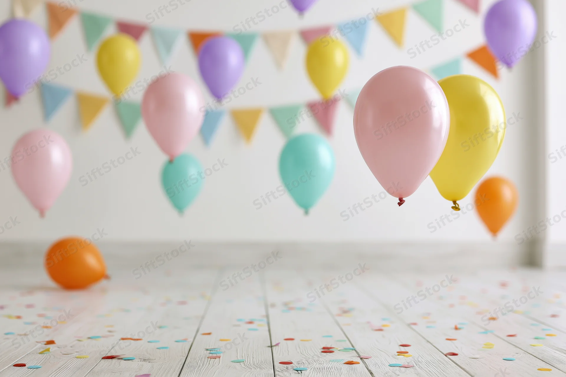 Colorful balloons floating in a decorated room with confetti on the floor