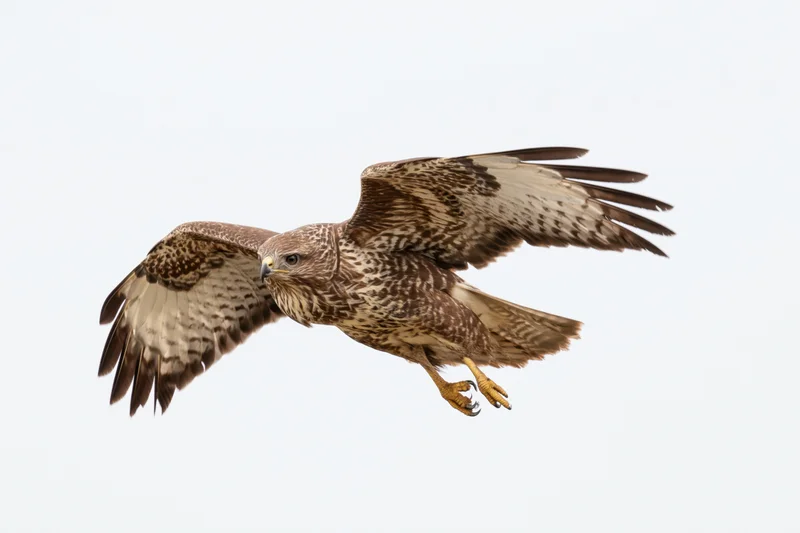 Common buzzard in mid-dive with wings fully spread against clear sky