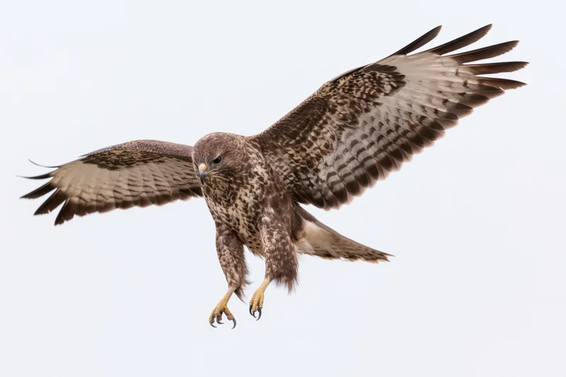 Common buzzard in mid-dive with wings spread against clear sky