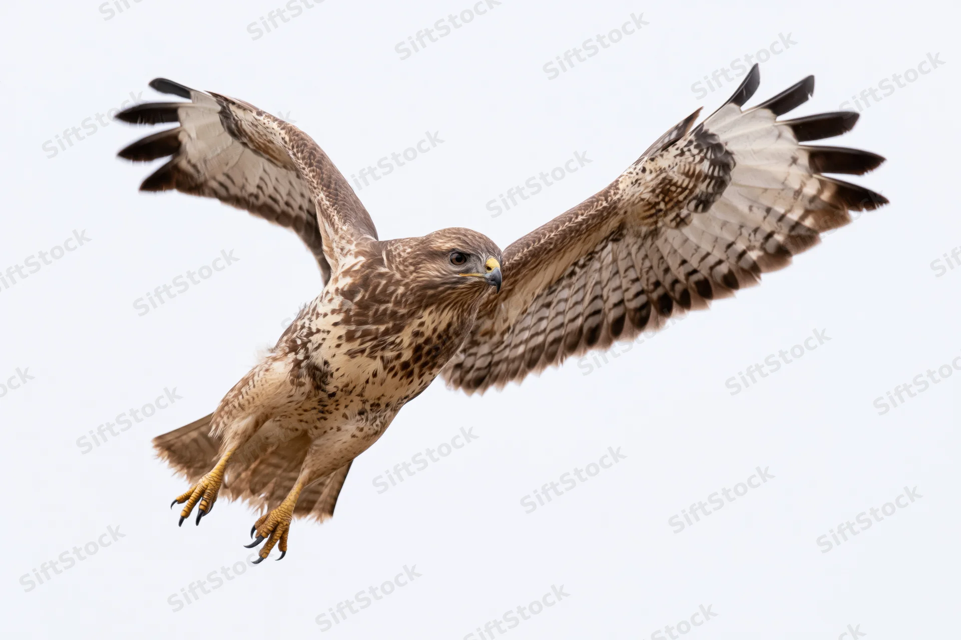 Common buzzard in mid-dive with wings fully spread against white background