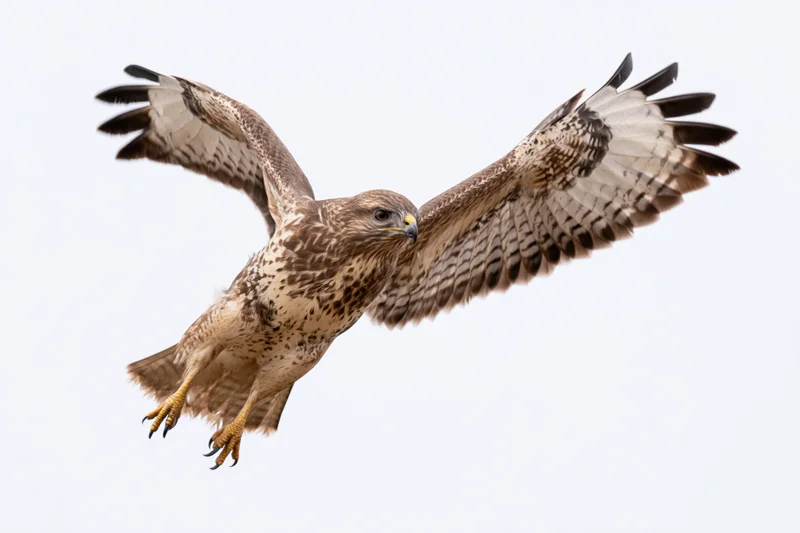 Common buzzard in mid-dive with wings fully spread against white background