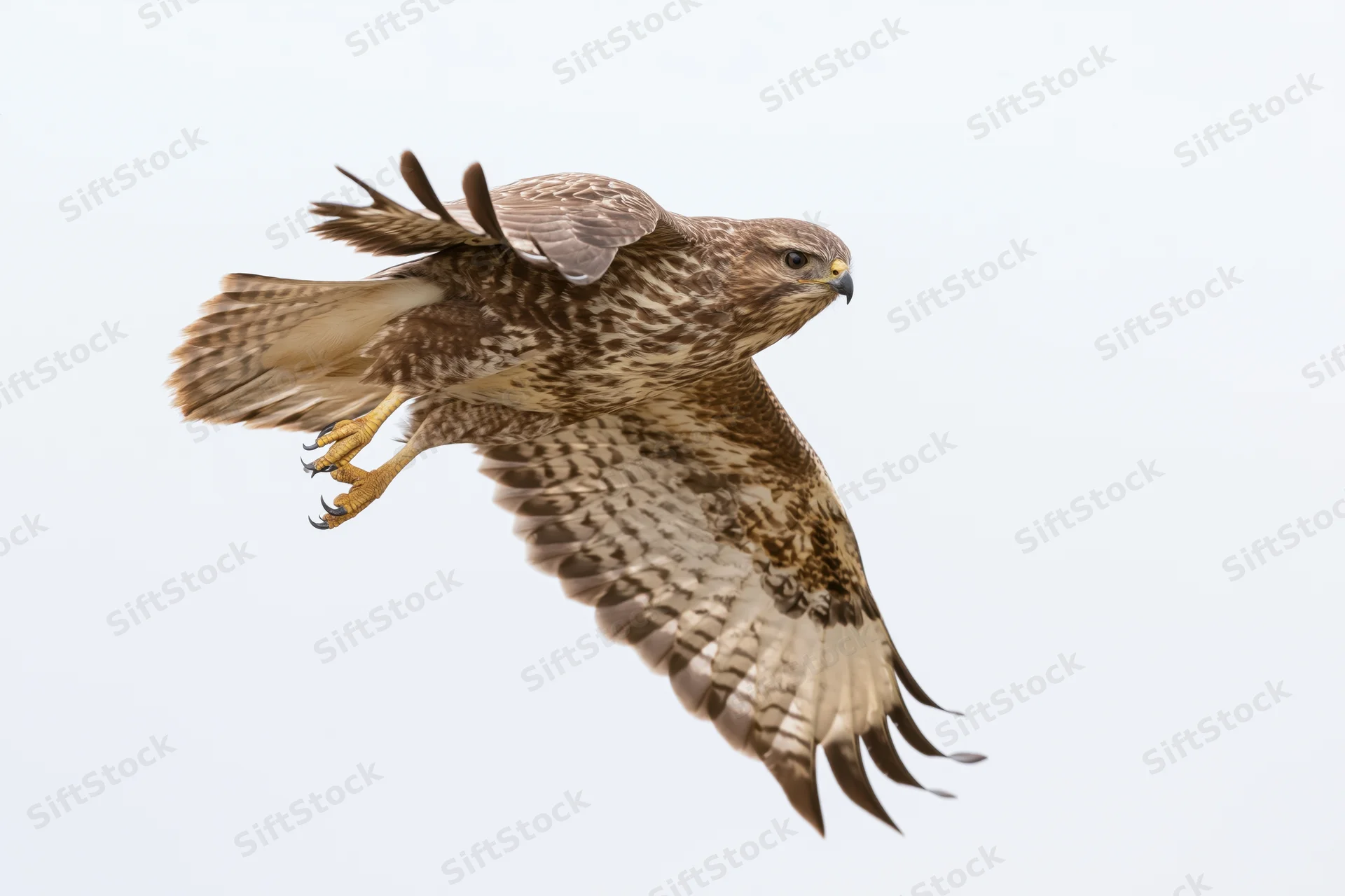 Common buzzard diving with wings spread against white sky