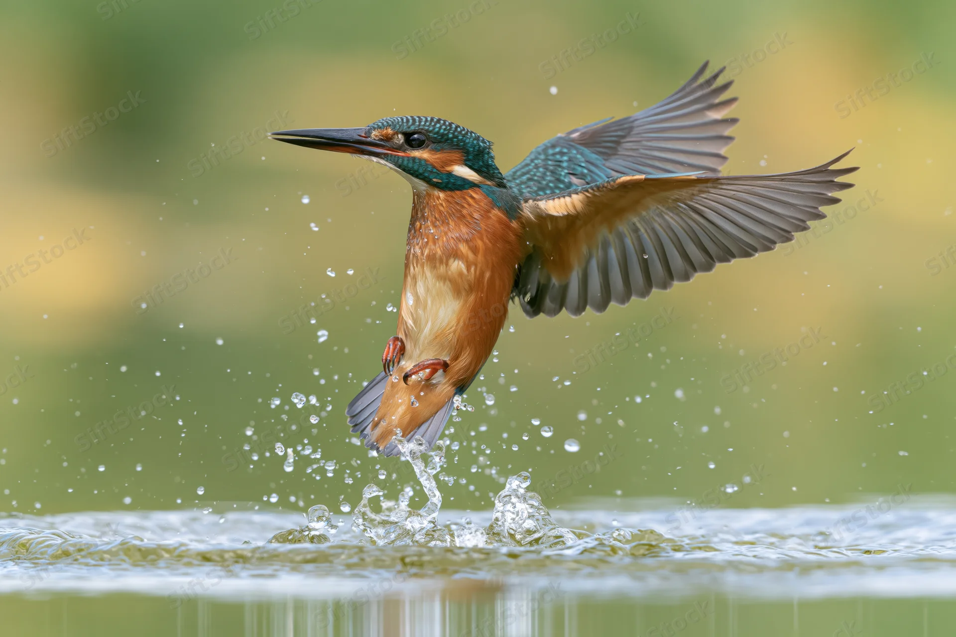 Kingfisher bursting upward from water surface with wings spread and splash around it
