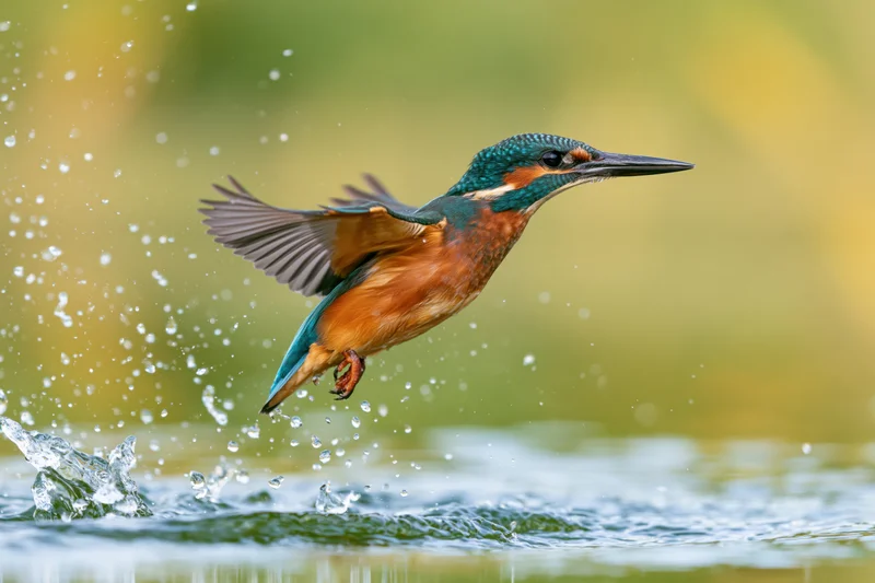Kingfisher bursting upward from water surface mid-flight