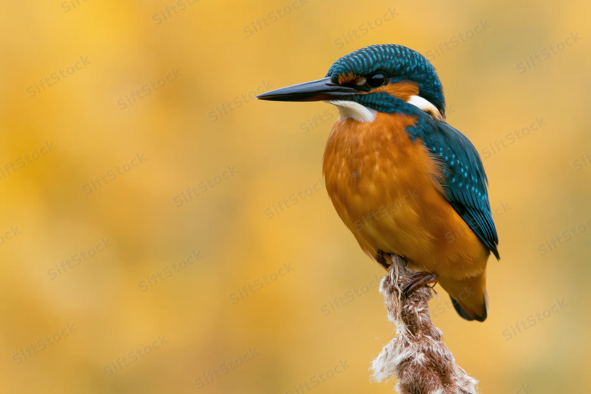 Kingfisher perched alert on a dried cattail reed in autumn setting