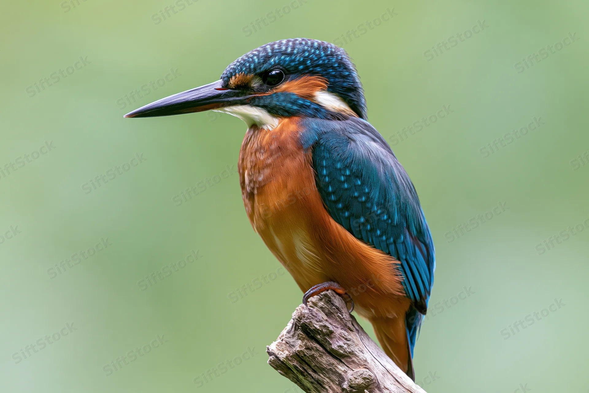 Kingfisher perched alert on a weathered broken branch