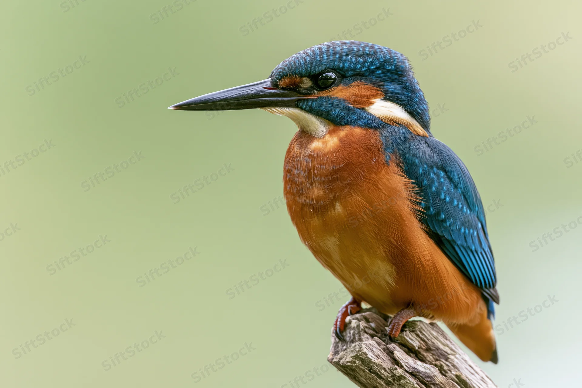 Common kingfisher perched alert on a weathered broken branch
