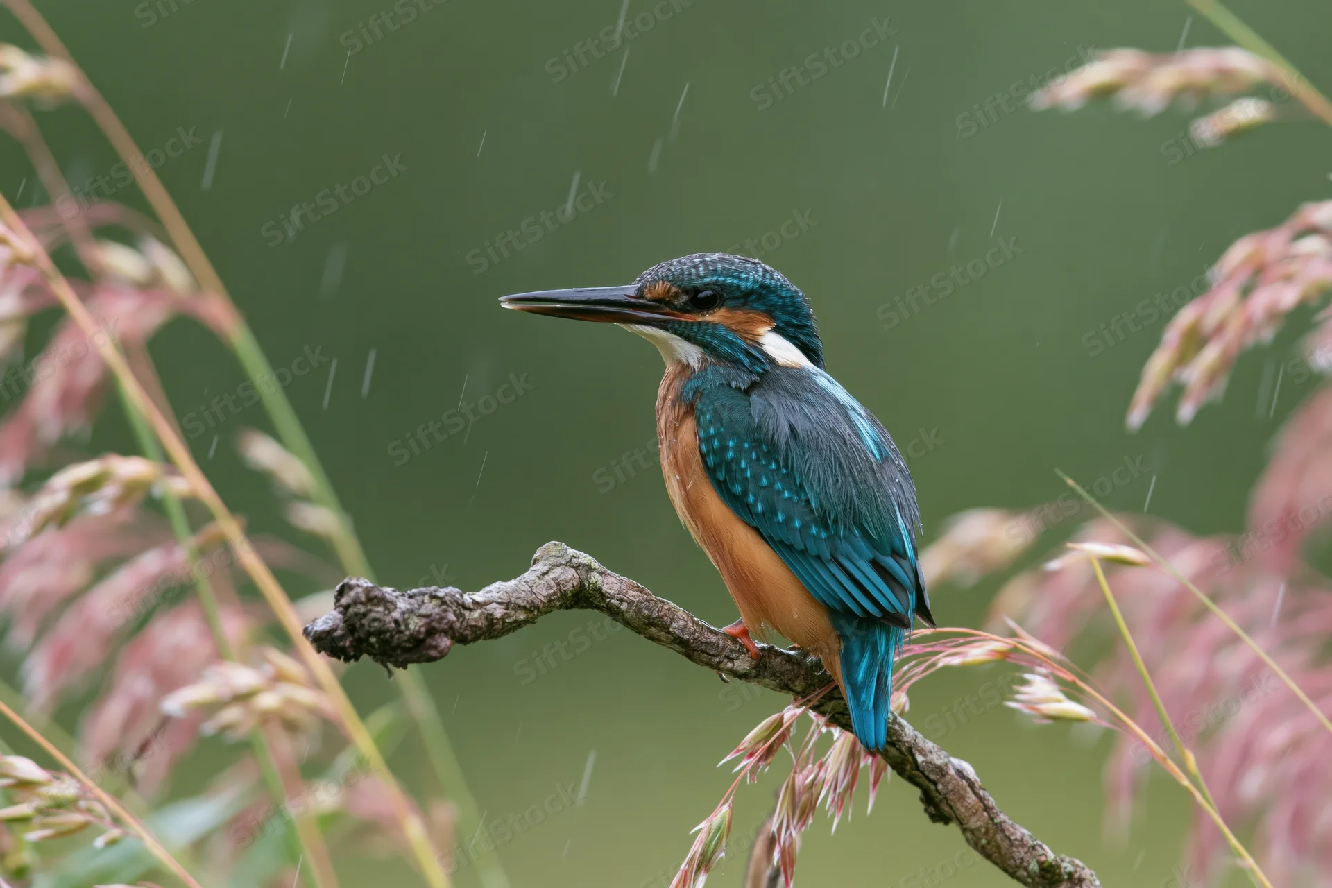 Kingfisher perched on a gnarled branch in light rain surrounded by reeds