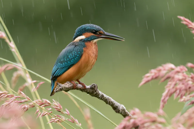 Kingfisher perched on a gnarled branch in light rain surrounded by pink reeds