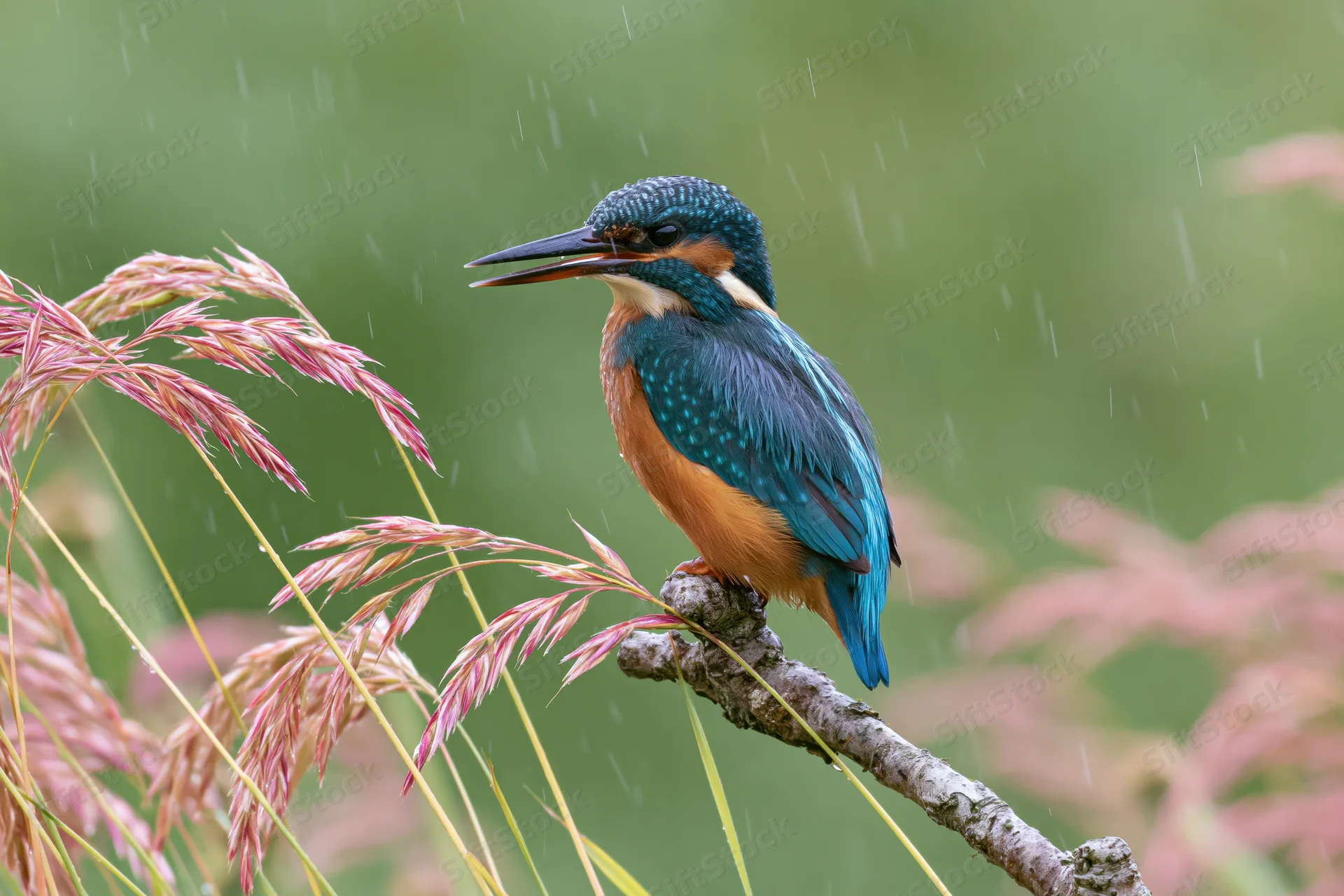Kingfisher perched on a gnarled branch in light rain with pink reeds nearby