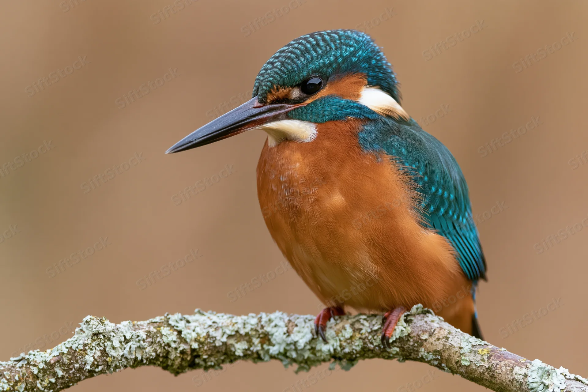 Common kingfisher perched on a lichen-covered branch in a natural setting
