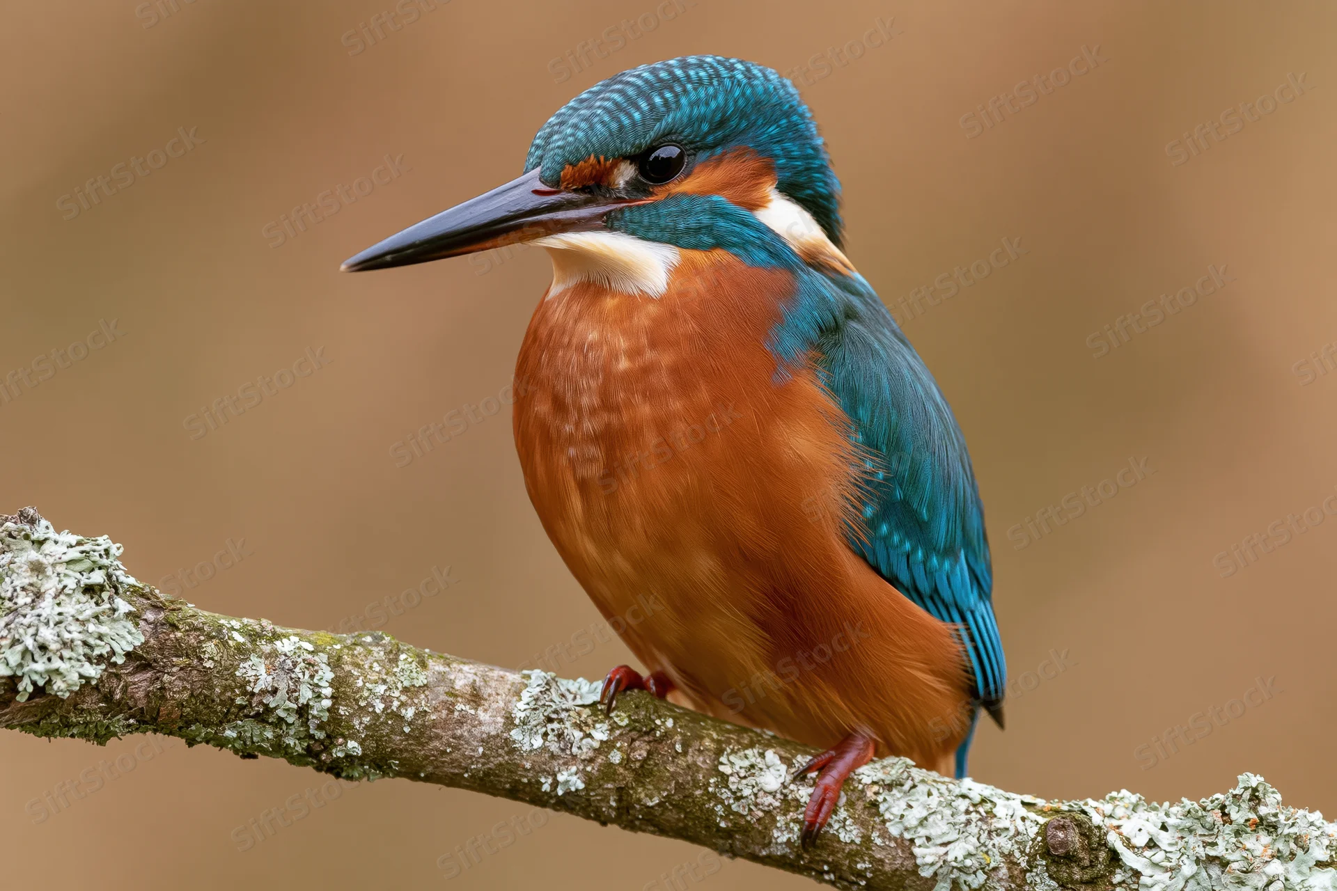 Kingfisher perched still on a lichen-covered branch in a natural outdoor setting