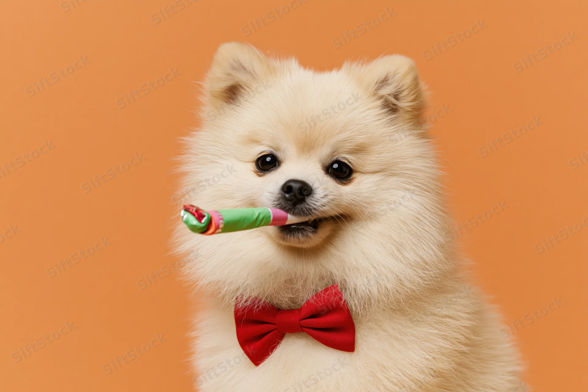 Cream pomeranian dog holding a green and pink party blower in its mouth, wearing a red bowtie against an orange background