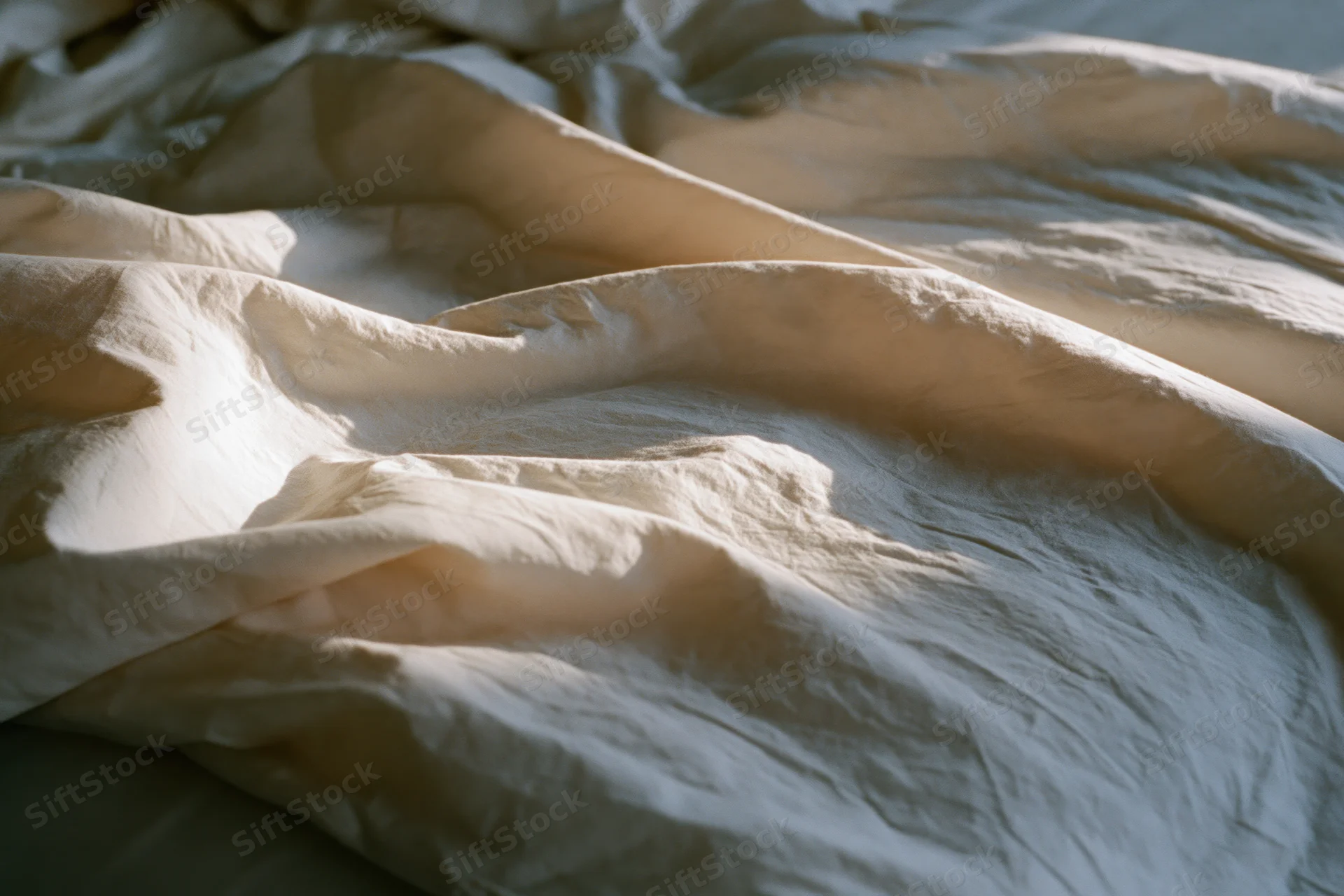 Crumpled white bedsheet draped over unmade bed in soft morning light