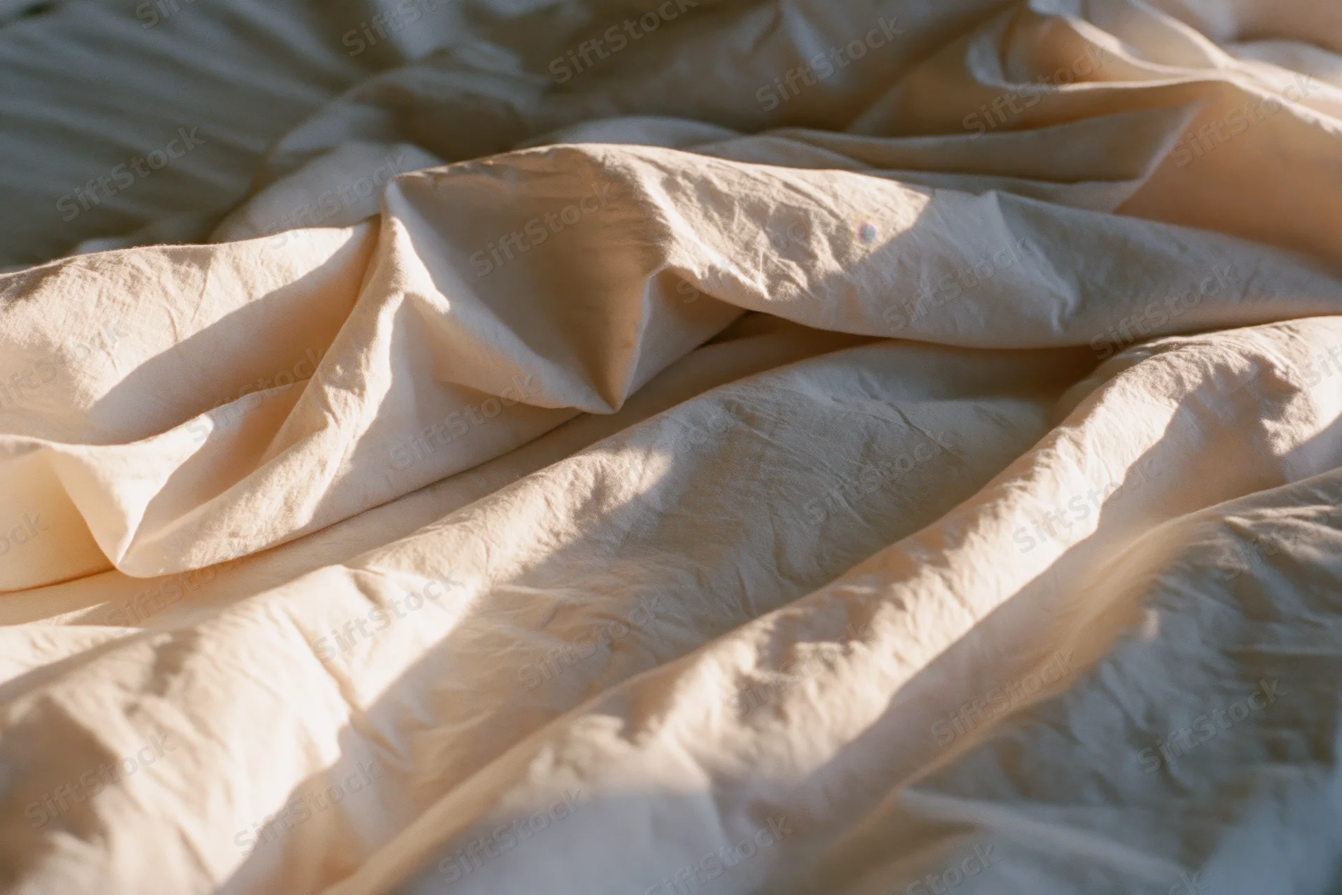 Crumpled white linen sheets draped over bed edge in morning sunlight