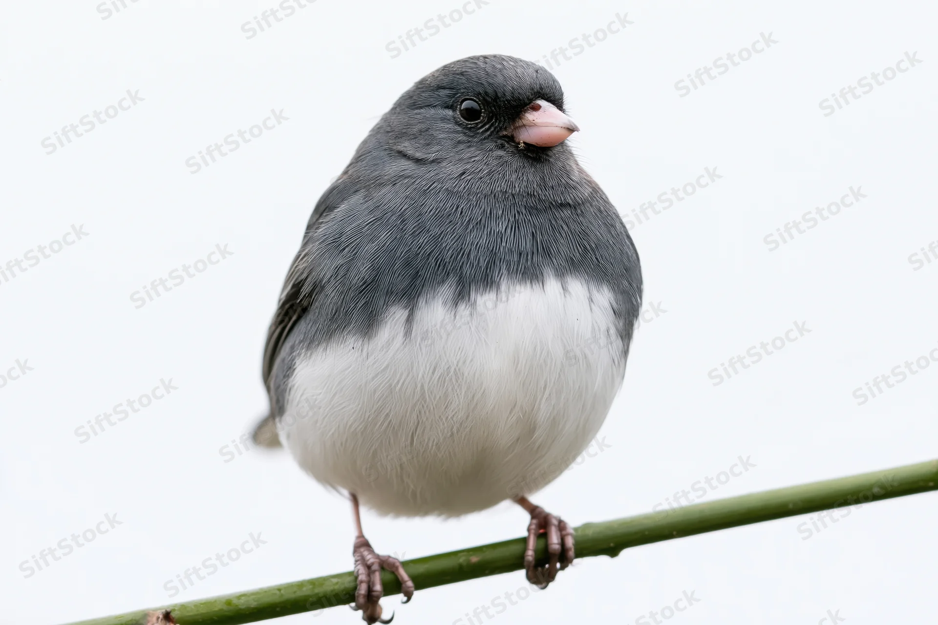 Dark-eyed junco perched upright on a thin green branch against white background
