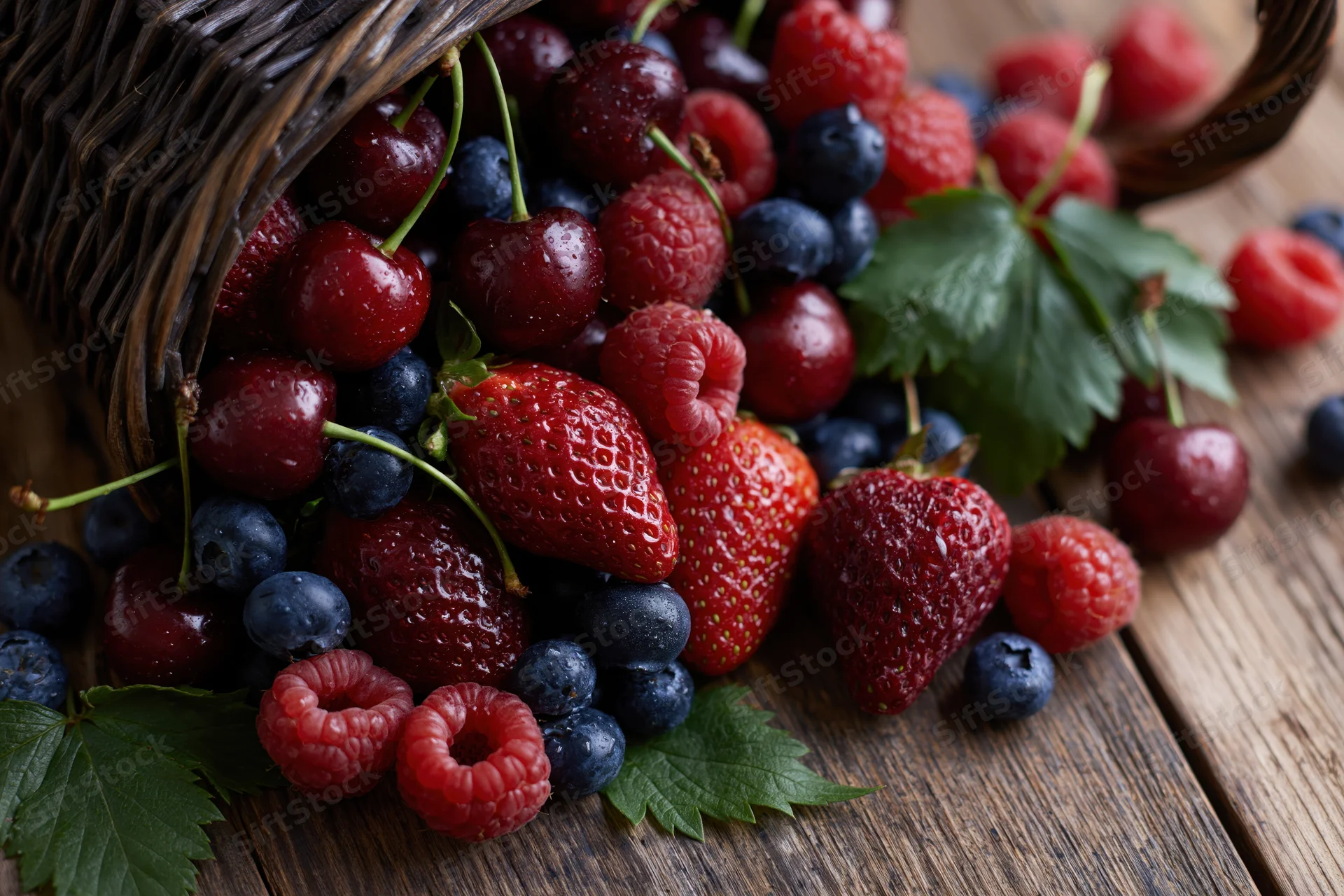 Dark wicker basket tipped over spilling fresh berries onto wooden table