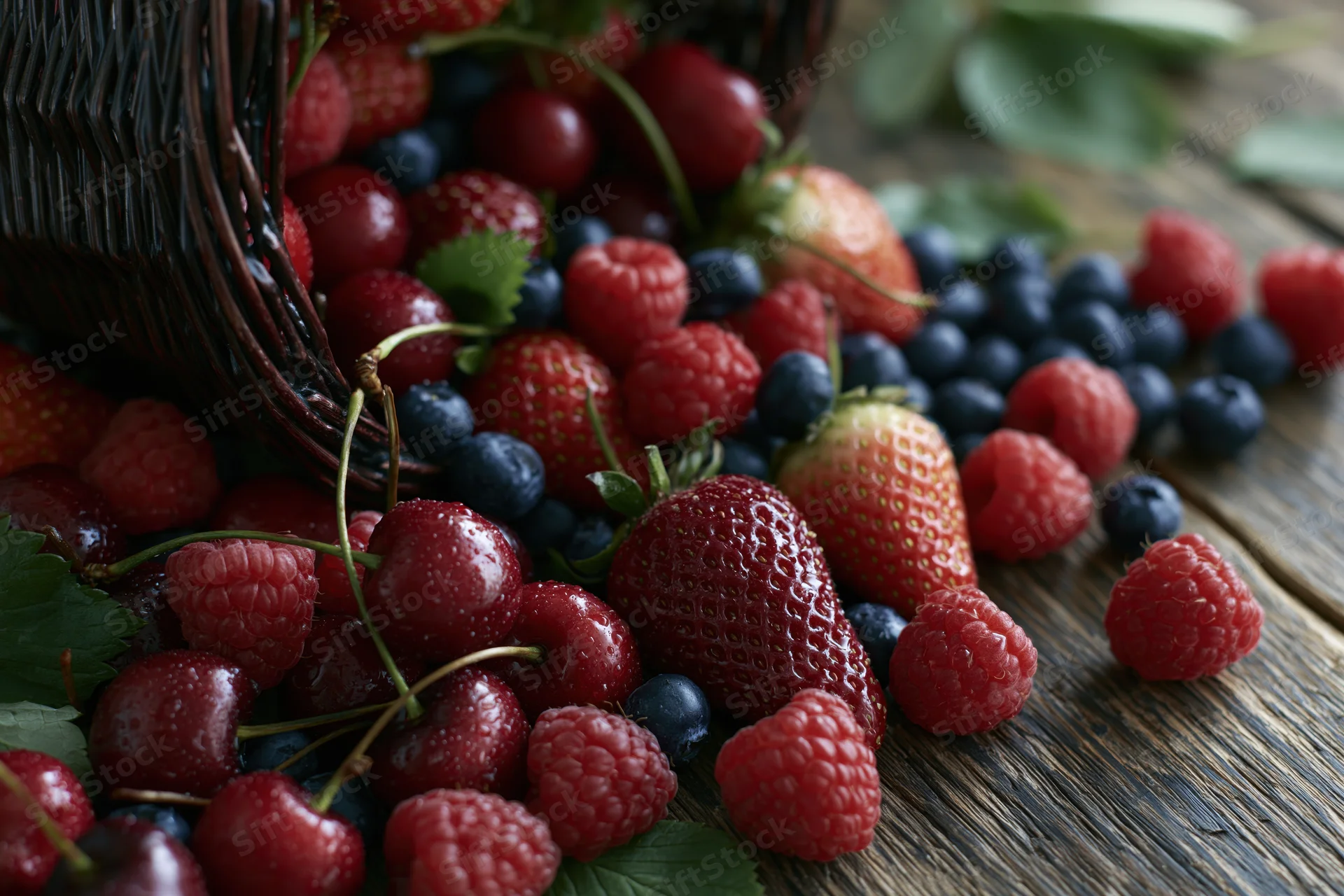 Dark wicker basket tipped over spilling mixed berries onto wooden table