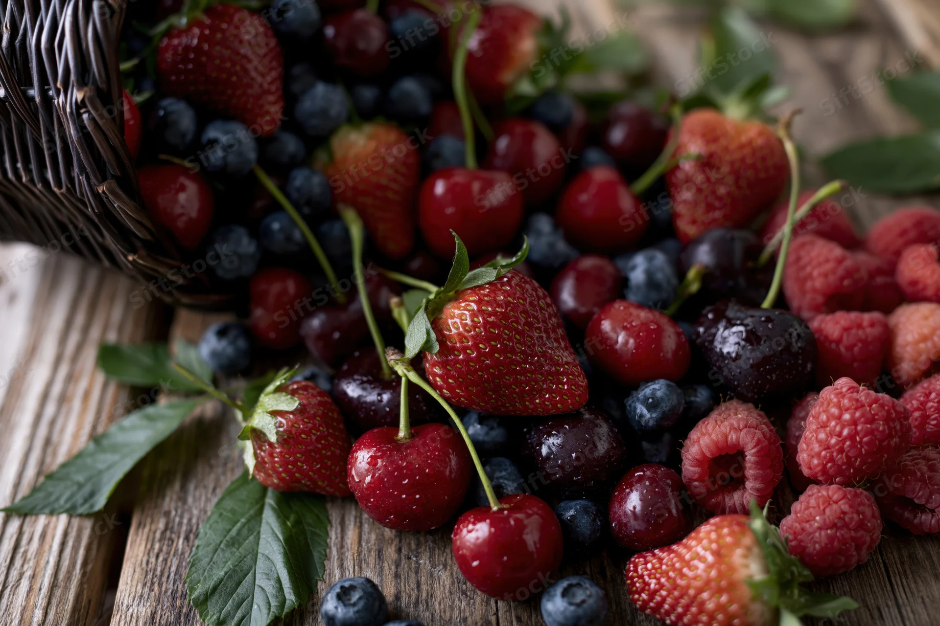Dark wicker basket tipped over spilling fresh berries onto wooden surface