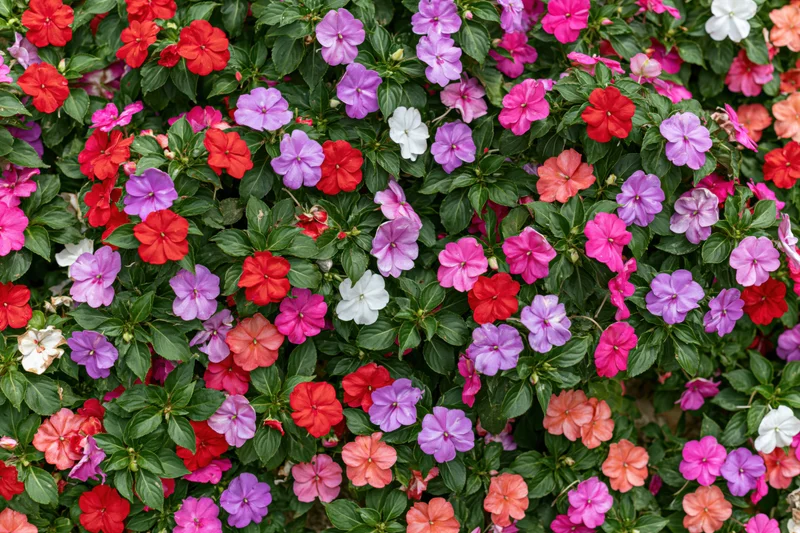 Dense garden bed of impatiens flowers in full bloom covering the frame with red, pink, purple, and white blossoms among green foliage