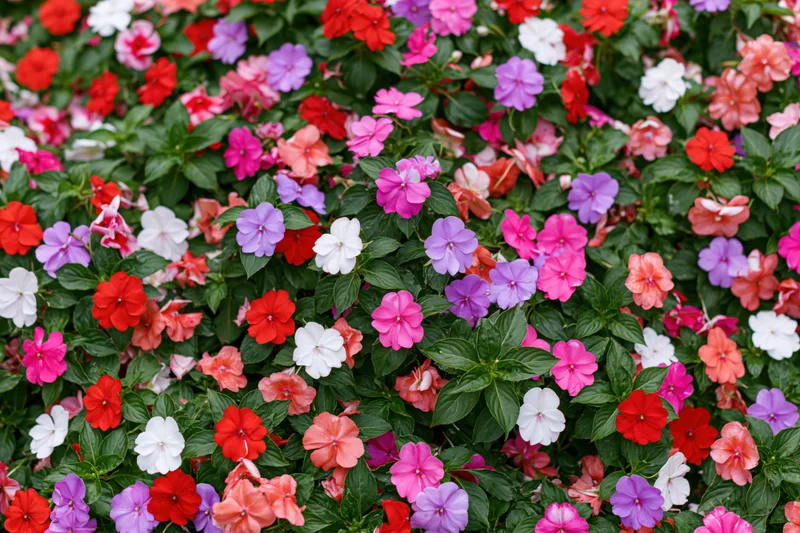 Dense garden bed of impatiens flowers in full bloom covering the frame with red, pink, purple, white, and orange blooms among green foliage