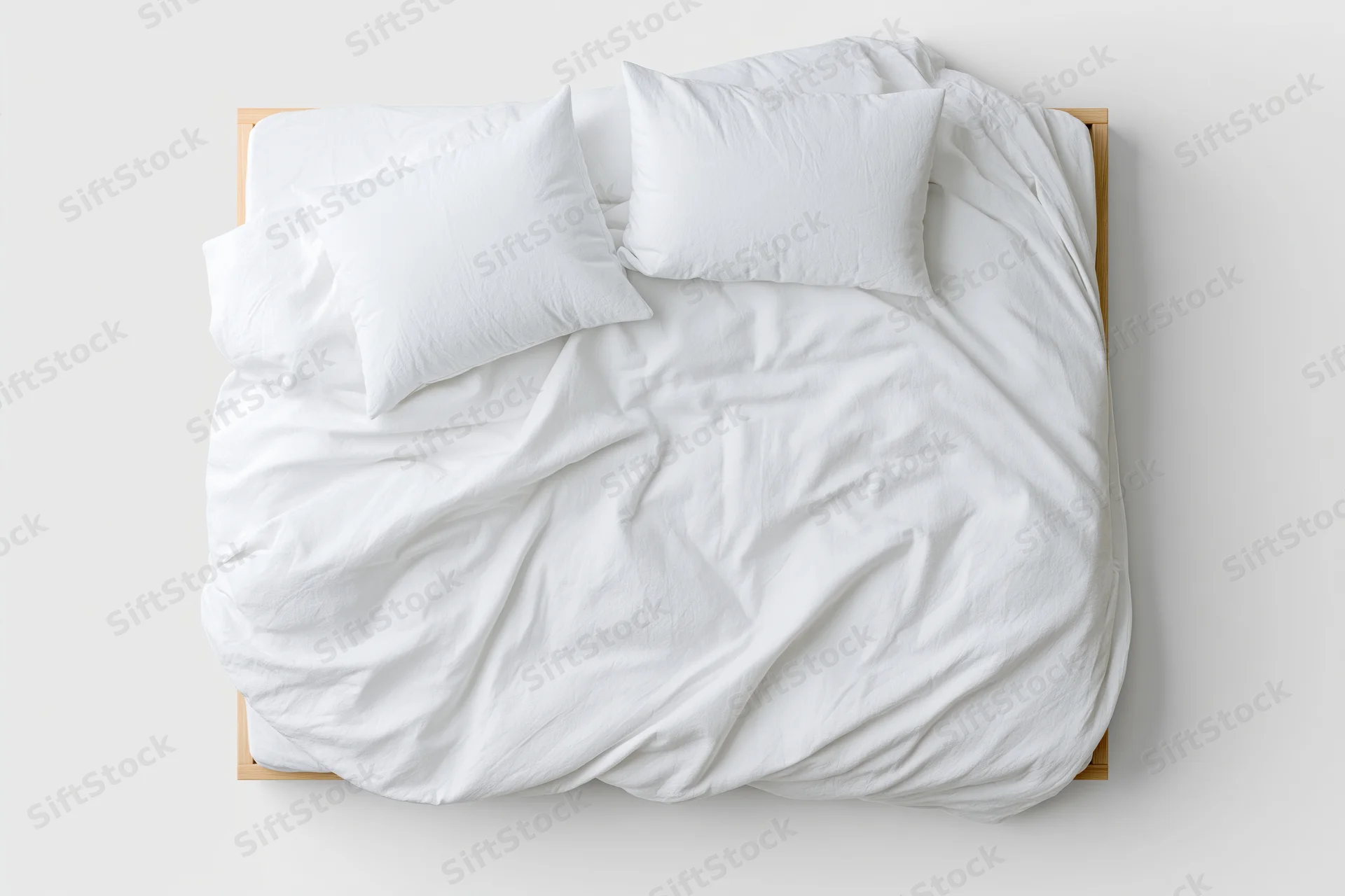 Overhead view of a double bed with rumpled white cotton duvet and two pillows on a wooden frame against a plain white wall