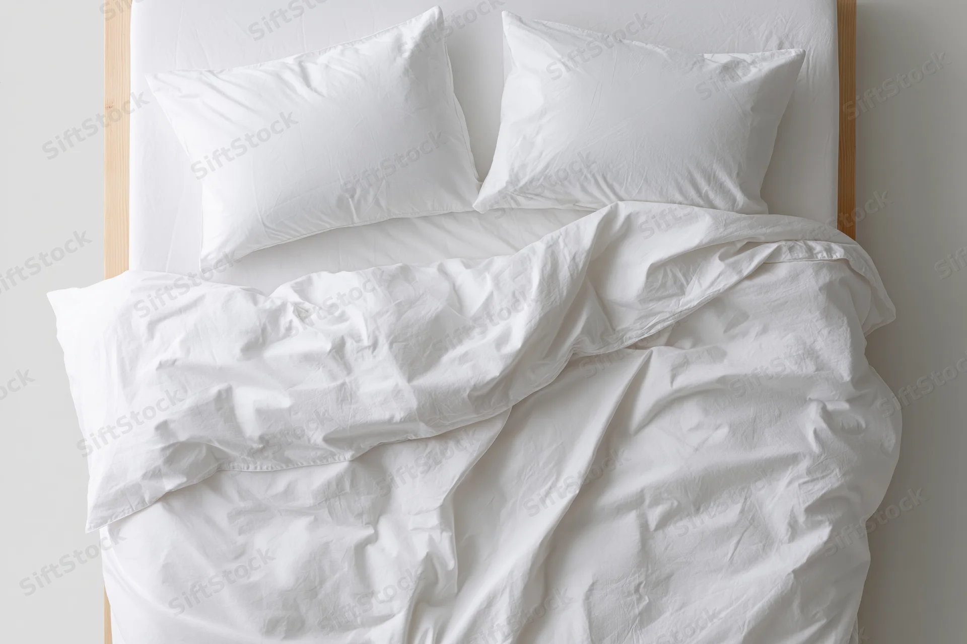 Unmade double bed with white cotton duvet and two pillows, headboard visible, bedroom setting