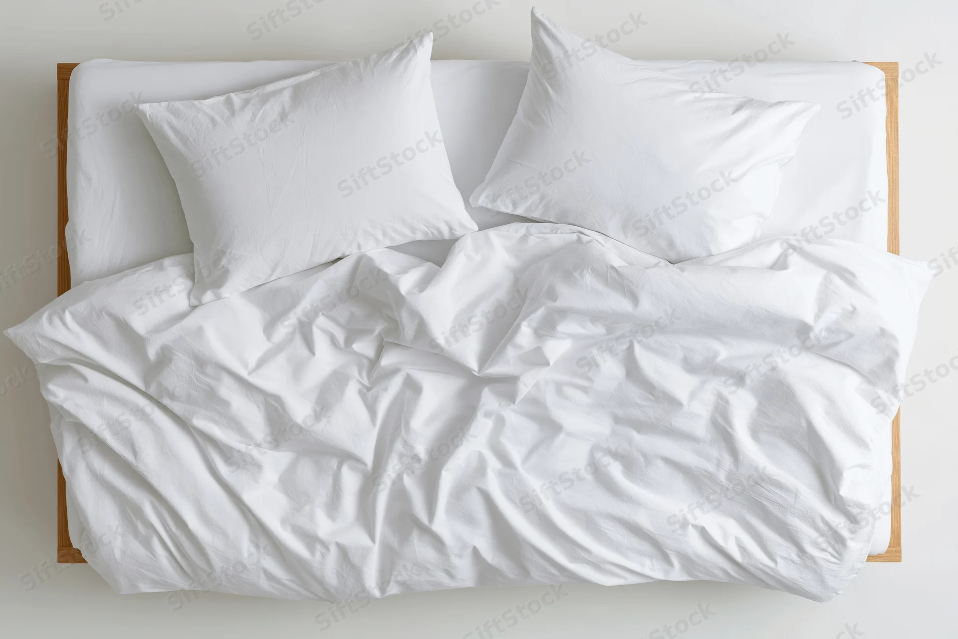 Overhead view of unmade double bed with white cotton duvet and two pillows on wooden frame