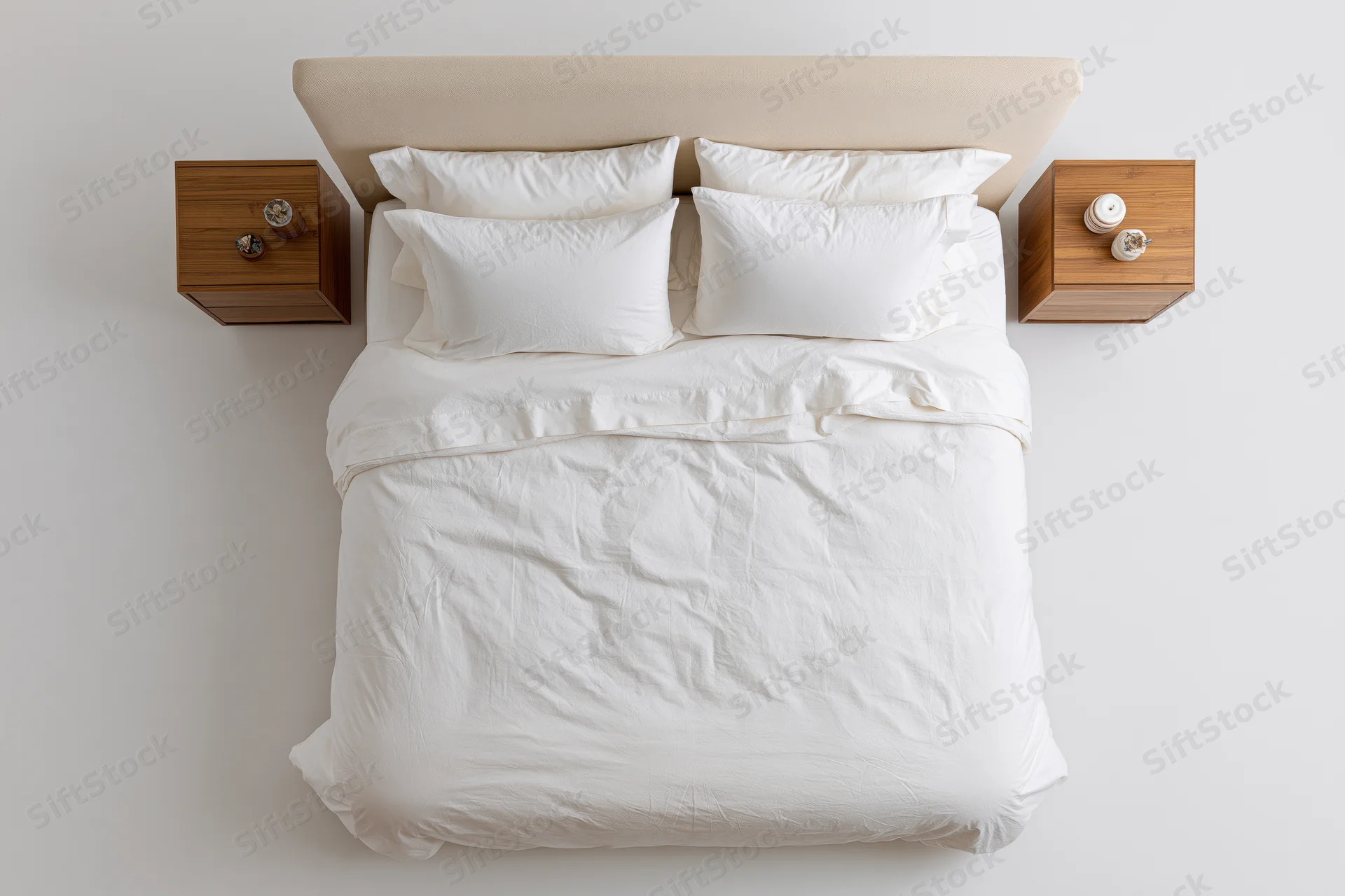 Overhead view of a double bed with white linen and four pillows flanked by wooden nightstands in a minimalist bedroom