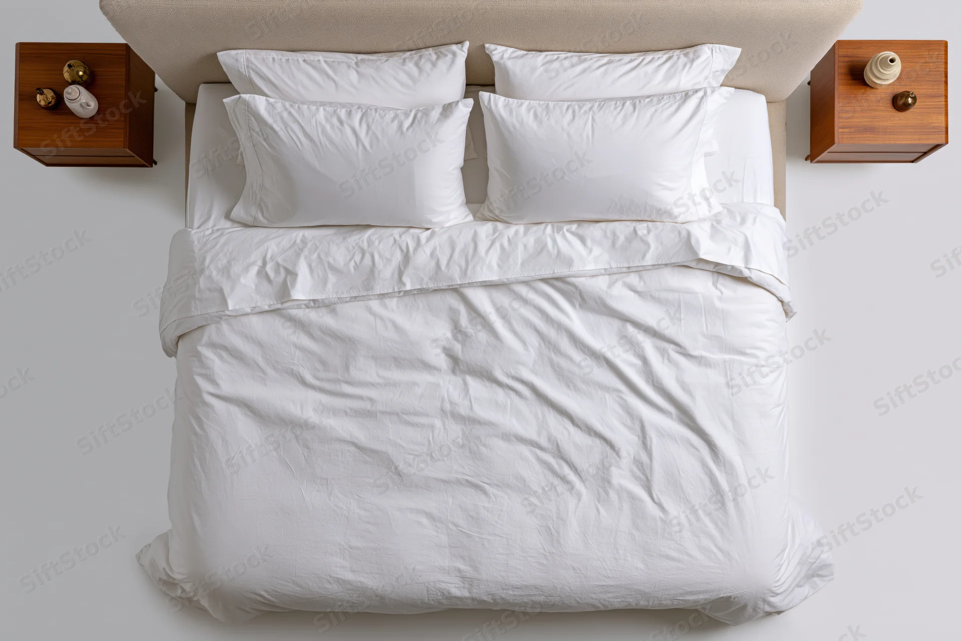 Overhead view of a double bed with white linen and four pillows flanked by wooden nightstands in a minimalist bedroom