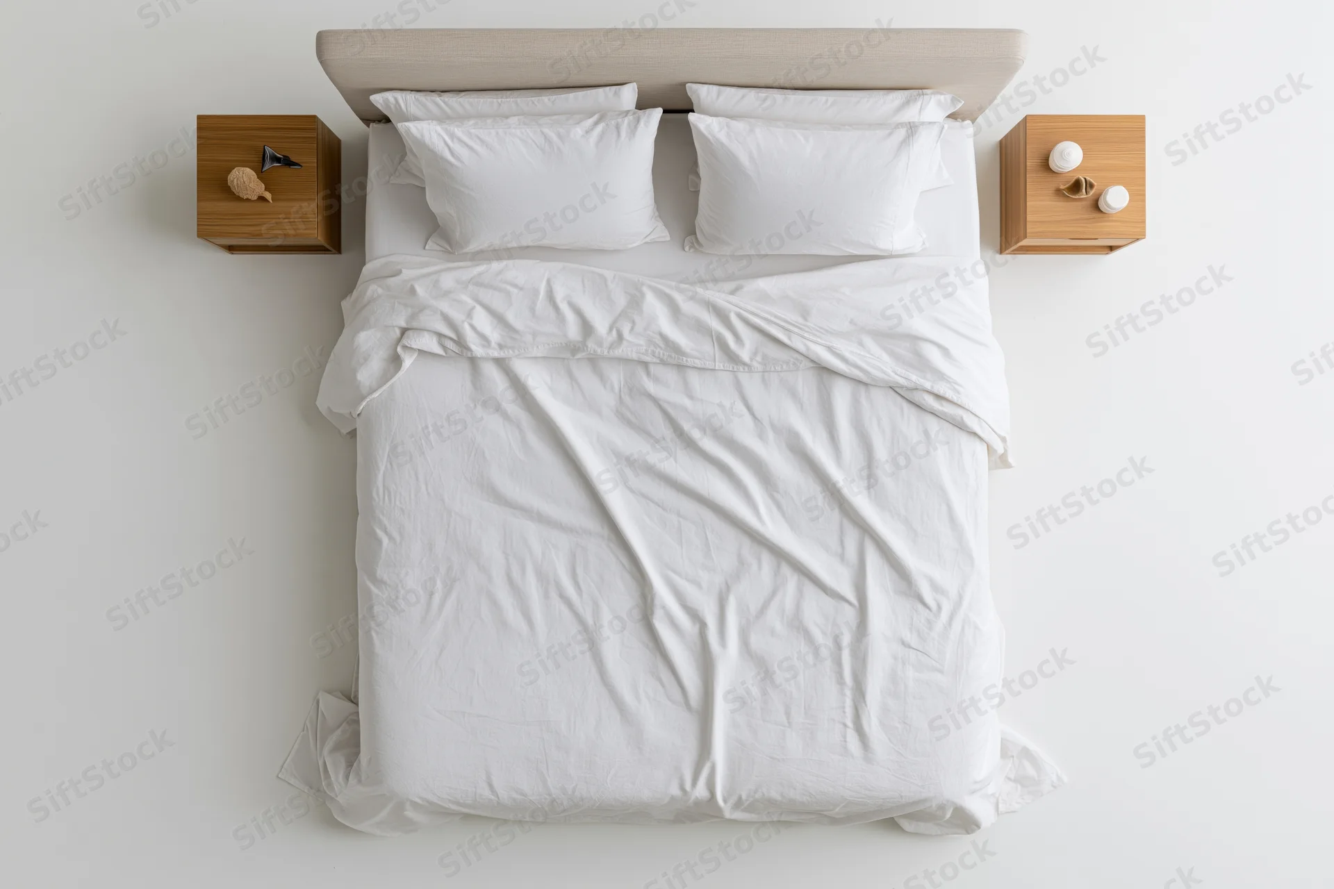Overhead view of a double bed with white linen and four pillows flanked by wooden nightstands in a minimalist bedroom