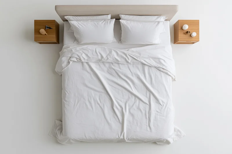 Overhead view of a double bed with white linen and four pillows flanked by wooden nightstands in a minimalist bedroom