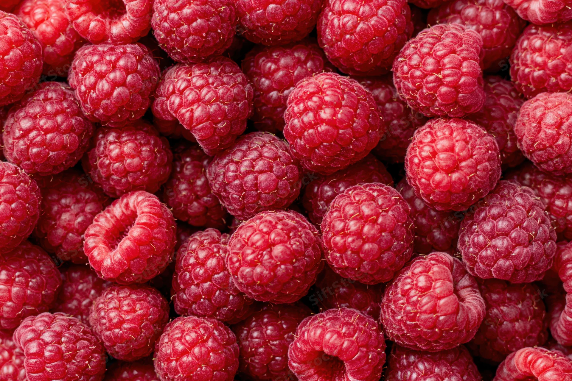 Closeup of fresh ripe raspberries filling the frame