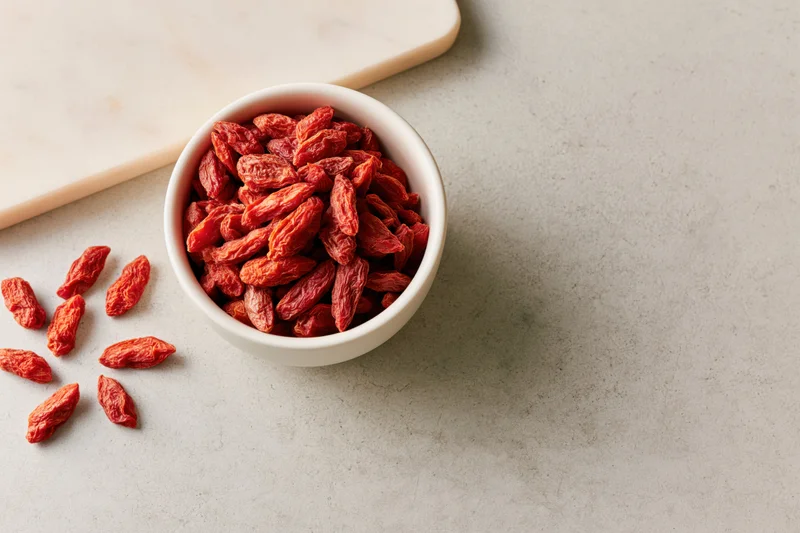 Dried goji berries in a small white ceramic bowl on a gray countertop with scattered berries and a marble cutting board nearby