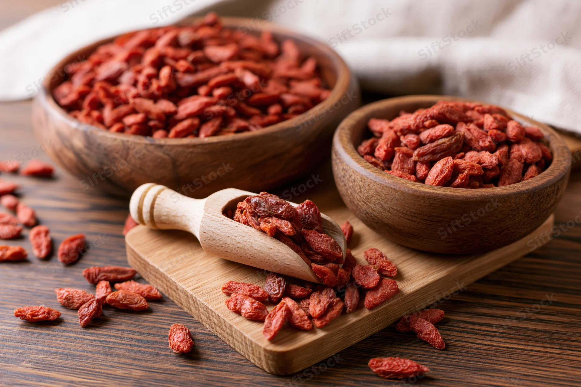Dried goji berries in wooden bowls and spoon on cutting board with scattered berries on dark wood table