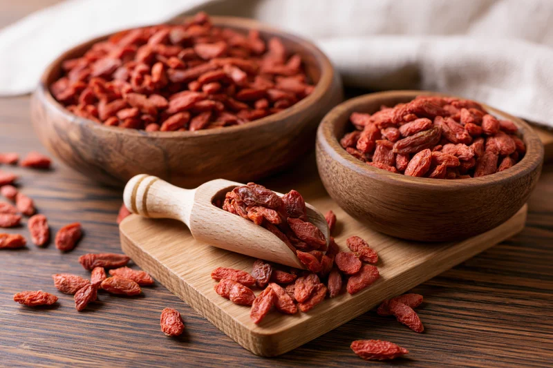 Dried goji berries in wooden bowls and spoon on cutting board with scattered berries on dark wood table
