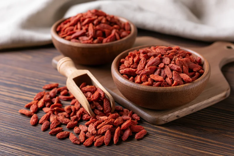 Dried goji berries in rustic wooden bowls on a dark wood table with a scoop and scattered berries