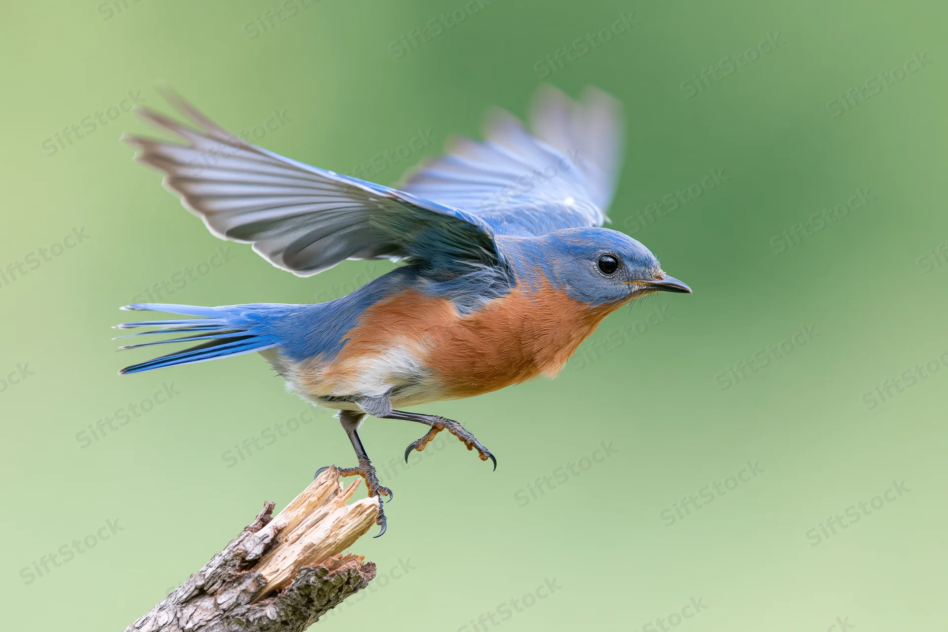 Eastern bluebird launching into flight from a broken branch tip