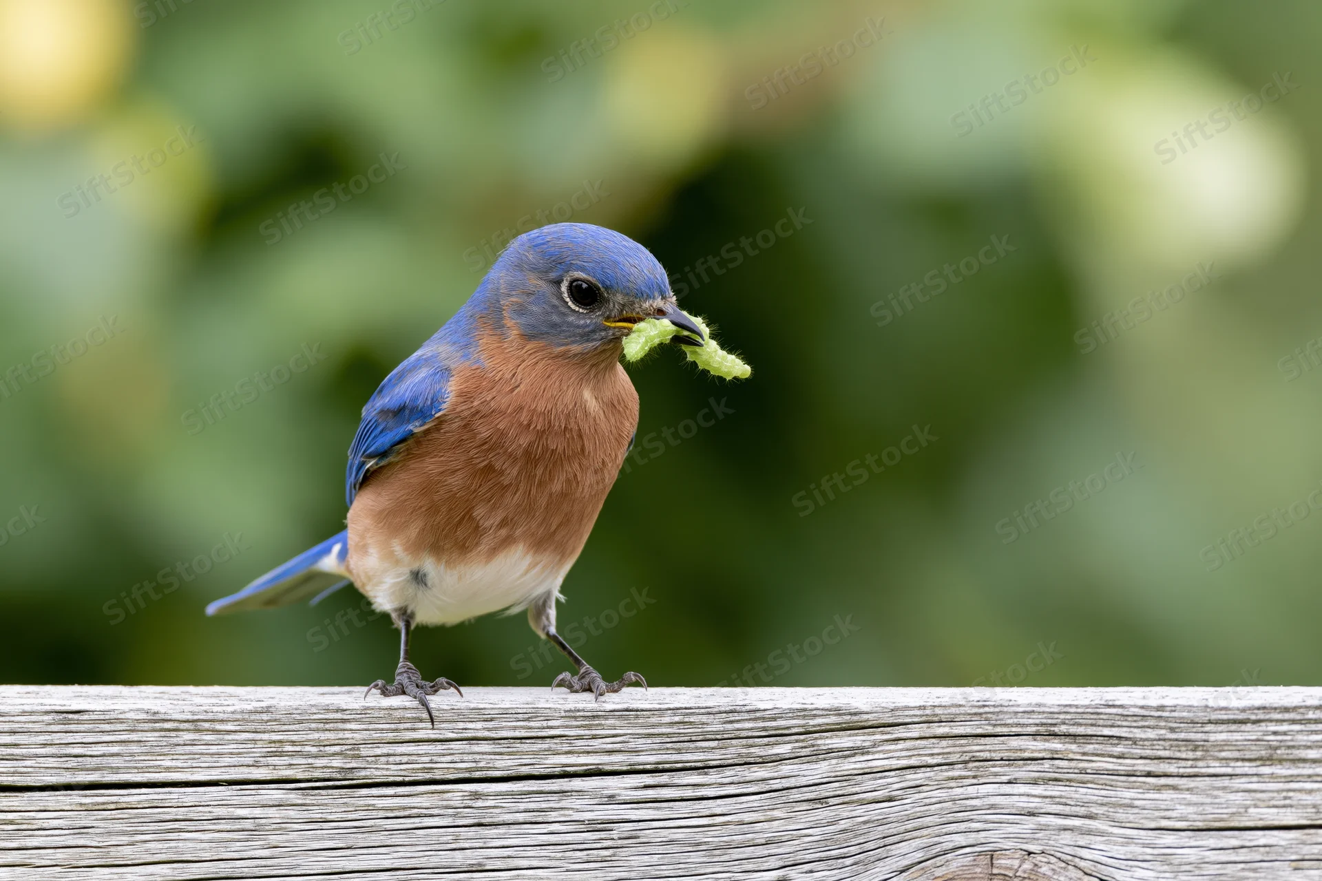 Eastern bluebird perched on weathered wooden fence rail holding caterpillar in beak