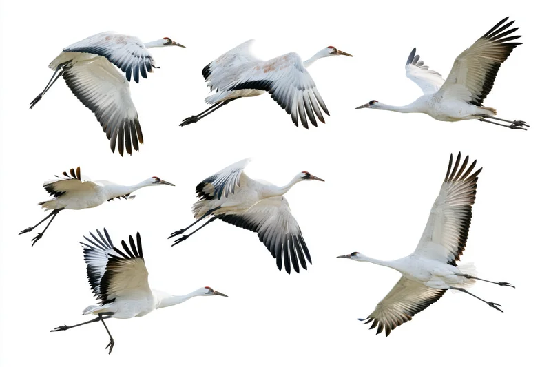 Eight red-crowned cranes in various flight poses against white background