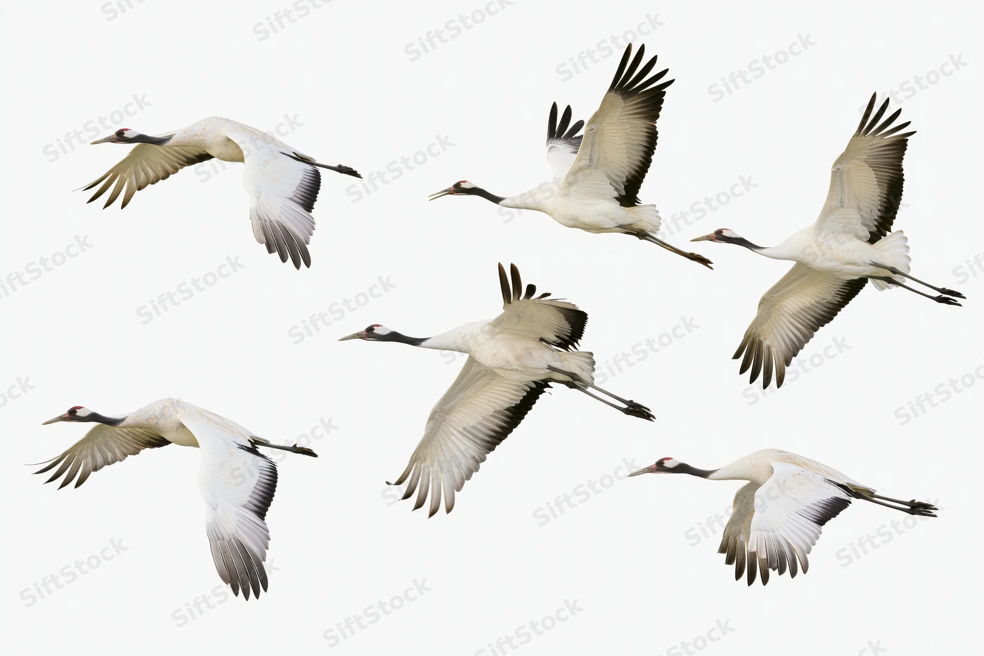 Red-crowned cranes in flight with wings spread against white background